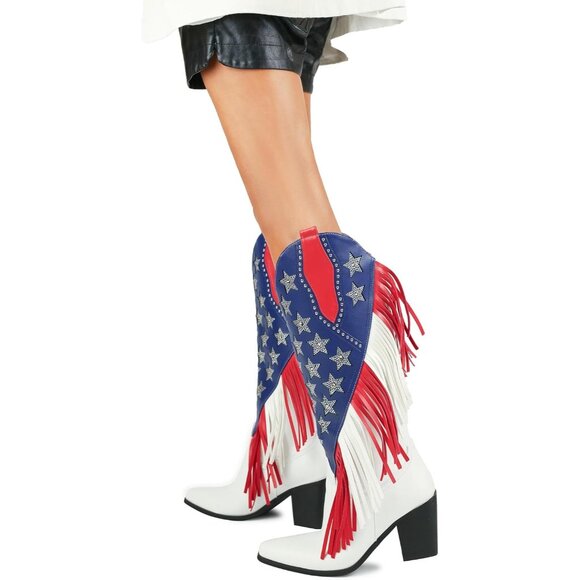 ⚡Women's Fringes American Flag Mid-Calf Western Boot Sparkling Stars Rhinestones - Picture 6 of 9